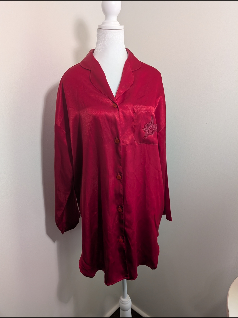 Victoria's Secret Red Satin Button-Up Sleep Shirt Small